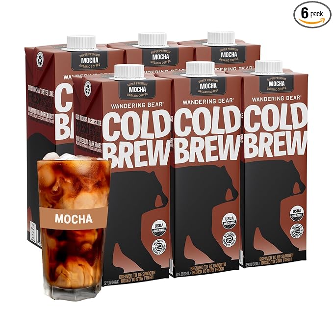 Wandering Bear Organic Mocha Cold Brew Coffee - Strong, Bold, Smooth, Unsweetened, Shelf-Stable, Ready to Drink, Gluten Free, & Vegan Iced Cold Brewed Coffee Drink - 32 fl oz, 6 pack
