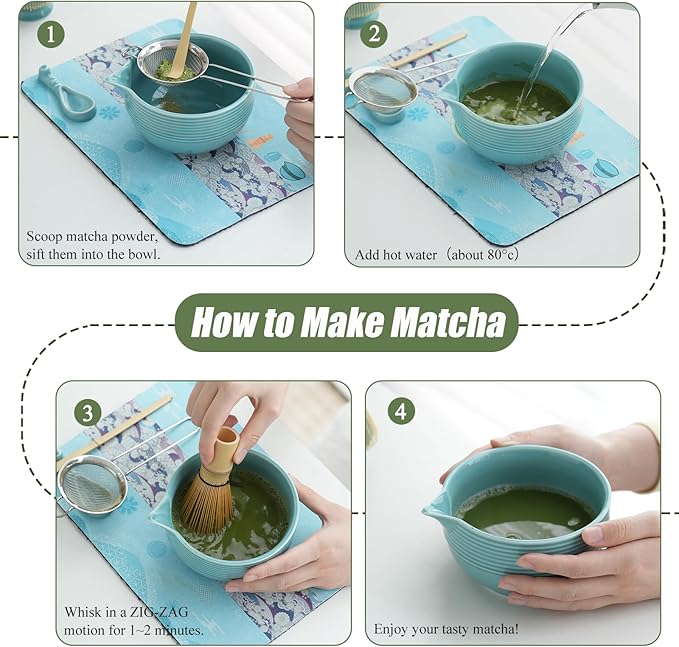 Clay&Fire Matcha Whisk Set, Ceramic Matcha Set, Matcha Bowl with Spout and Whisk, 9 pcs Matcha Tea Kit for Matcha Lovers, Ideal Gift Christmas, Birthday (Blue)