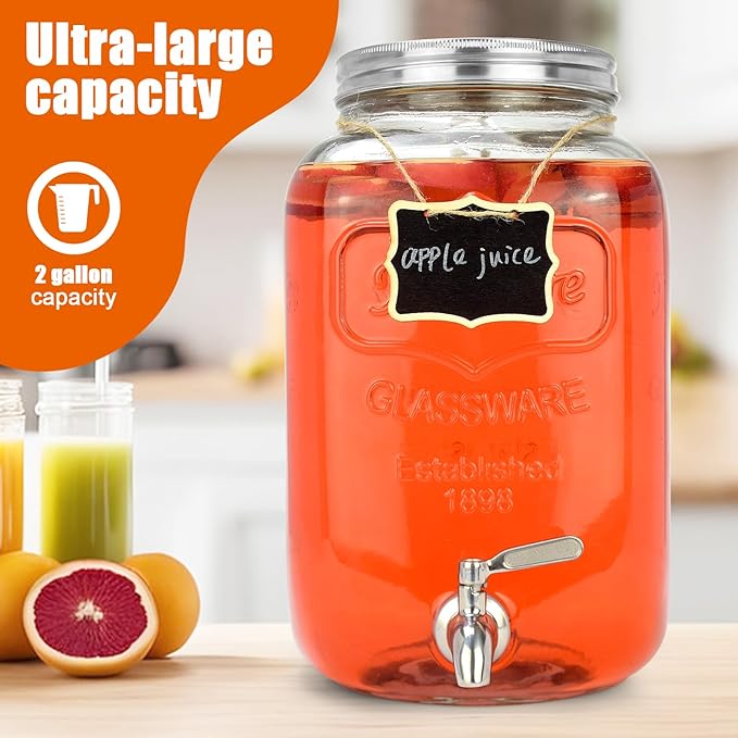 2 Gallon Glass Drink Dispensers For Parties (2 PACK) With Stand And Leakproof Stainless Steel Spigot - Glass Water Jug, Lemonade Dispenser