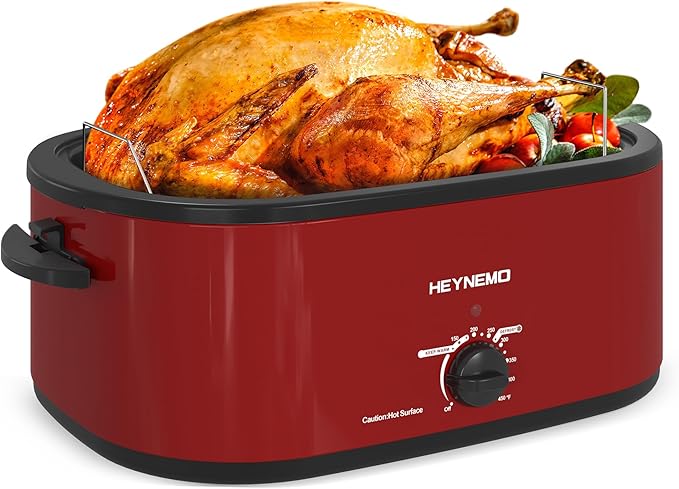 22 Quart Electric Roaster Oven with Visible & Self-Basting Lid, Large Turkey Roaster with Defrost Warm Function, Adjustable Temperature, Removable Pan Rack, Stainless Steel