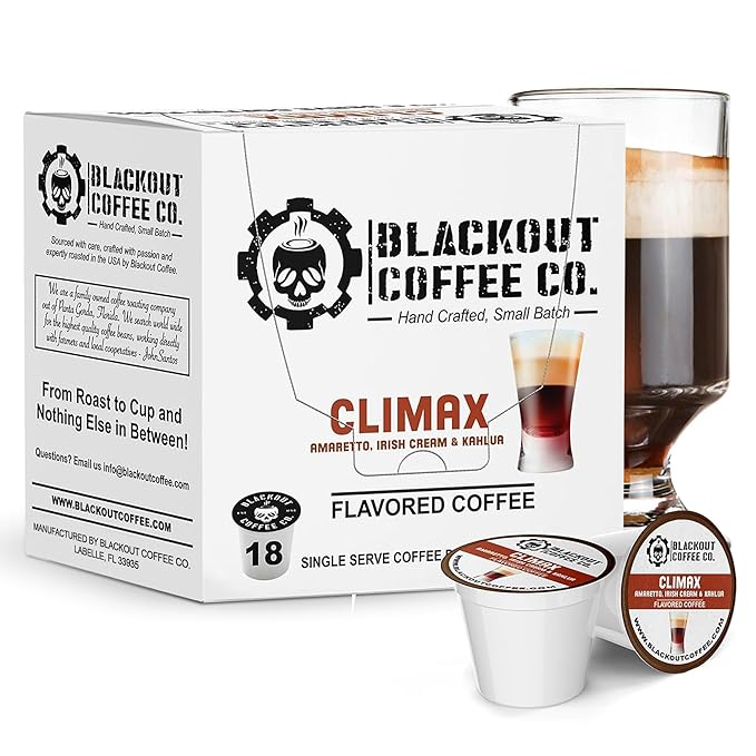 Blackout Coffee CLIMAX Amaretto, Irish Cream & Kahlua Flavored Coffee Pods – Premium Arabica, Smooth Taste, Guilt-Free Indulgence – 18 Count Single Serve Coffee pods