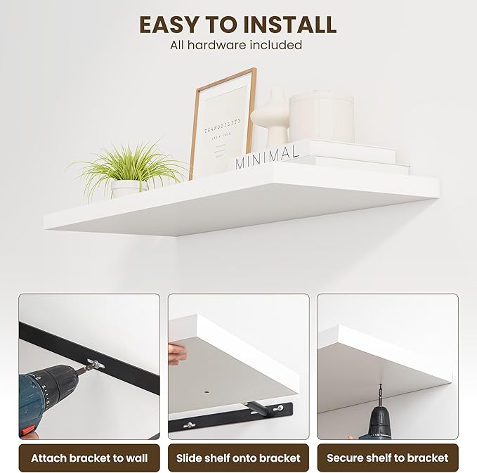 Dreamland 40" Floating Shelves for Wall, 12" Deep Slim White Floating Shelves, Wall-Mounted Shelves for Bedroom, Living Room, Kitchen, Bathroom - Set of 2