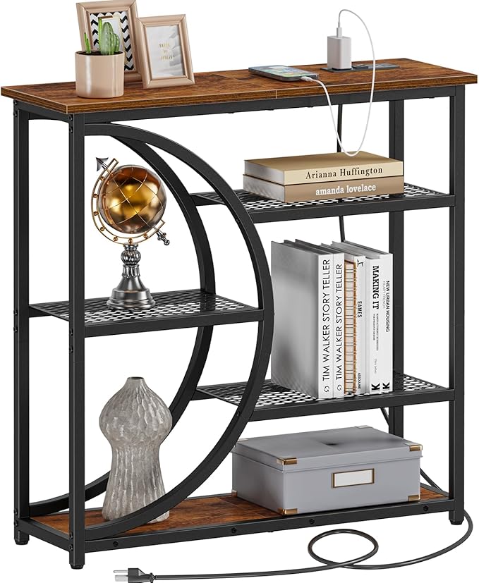 Snughome Entryway Table, Console Table with Charging Station, Industrial Narrow Sofa Table with 5 Tier Storage Shelves, Entrance Table for Hallway, Behind The Couch, Living Room, Foyer