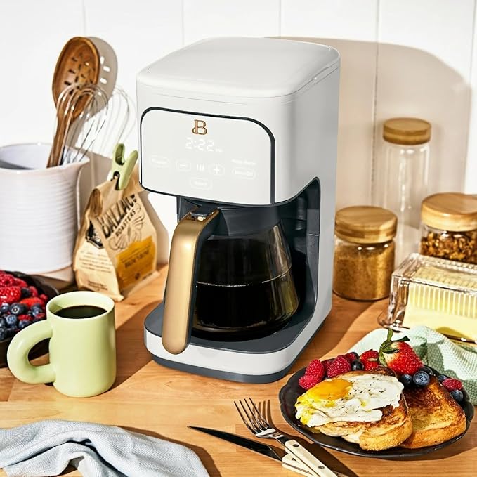 Beautiful 12 Cup Programmable Coffee Maker, Drip Coffee Machine with Glass Carafe, Automatic Brew Strength Control, Espresso Maker Function, Compact Espresso Machine (White Icing)
