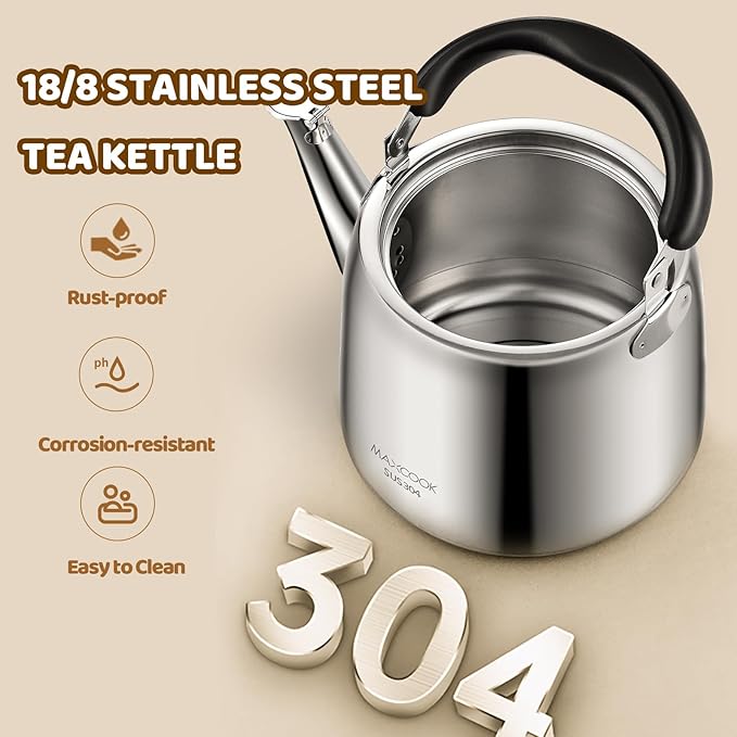 Tea Kettle, 18/8 Stainless Steel Whistling Teapot, 3.17 Quart, Fast Boiling, Anti-Hot Wood Handle (3L,Silver)