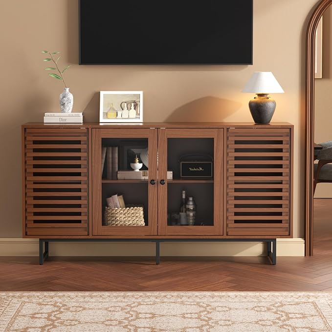 Vabches Mid Century Modern Sideboard Buffet Cabinet with LED Lights, Unique Slatted & Tempered Glass Doors, 58.3" Credenza Storage Cabinet for Kitchen, Dining, Living Room, Entryway, Walnut