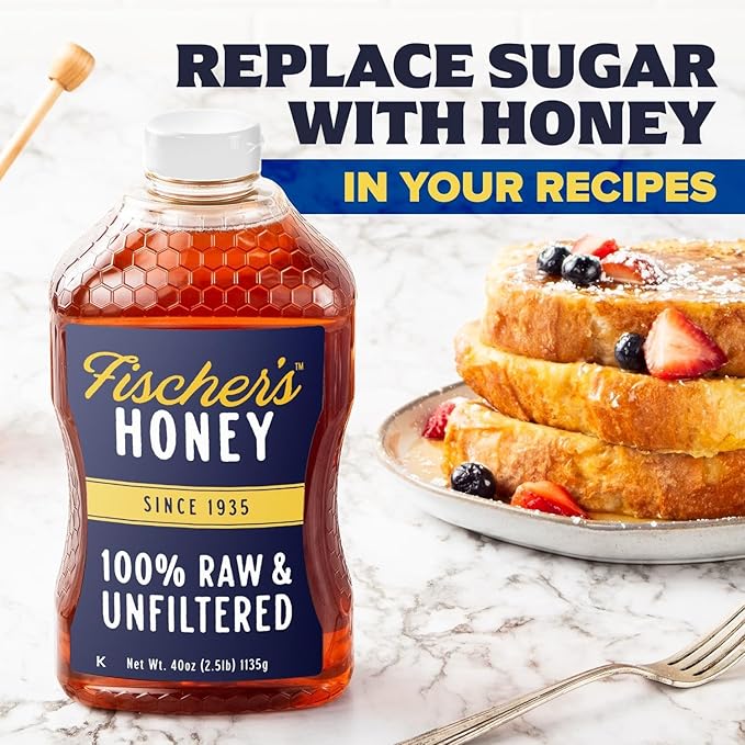 Fischer’s 100% Pure, Raw & Unfiltered Honey, 40 oz – USA Made Honey – All-Natural Sweetener – Rich Flavor Profile, Packed with Nutrients (Pack of 2)