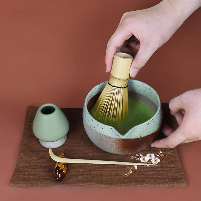 Artcome Matcha Tool Set– Bowl with Pouring Spout, Whisk, Whisk Holder, Tea Scoop, Matcha Strainer, Tea Spoop, Tea Scoop Holder, Tea Cloth – Traditional & Refined