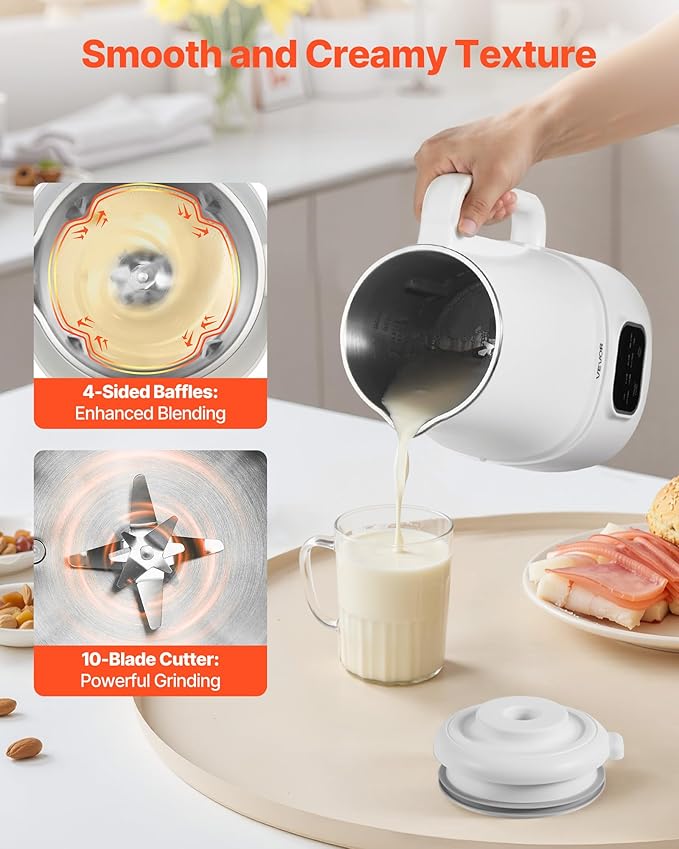 VEVOR 8-in-1 Nut Milk Maker, 34 oz Soy Milk Maker with Soundproof Cover for Homemade Oat, Nut, Soy, Juice, Milkshake, Rice Cereal, Plant-Based Beverages with Self-Cleaning, Boil Water, 12-Hour Delay