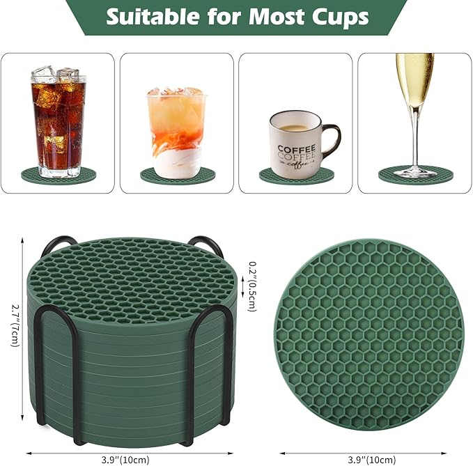 Silicone Coaster Set of 12 with Holder, Drinks Coasters, Beer & Coffee, Suitable for All Cups, Hot or Cold, Anti-Slip, Non-Stick, Anti-Overflow Tabletop Protection and Decor (12 Pcs, Green)