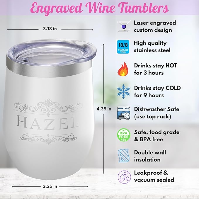 Gifts Inscribed Personalized Wine Tumbler with Lid – White Custom Engraved Stainless Steel Insulated Mug for Hot & Cold Drinks – Customized Bridesmaid, Wedding, or Birthday Gift