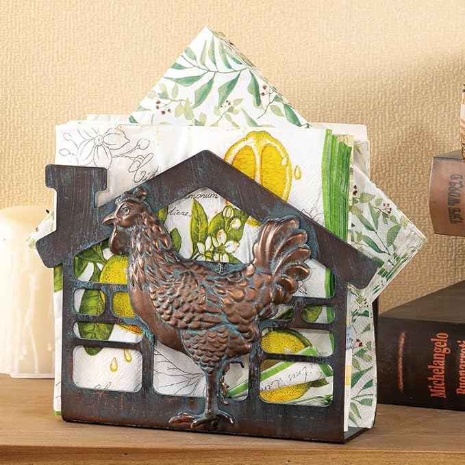 Metal Napkin Holder for Table, Metal Rooster Statue Decor Paper Napkin Holder, Antique Copper Napkin Dispenser with Non-Slip, Napkin Stand Tabletop Gift for Kitchen Dining Room Coffee Shop Bar