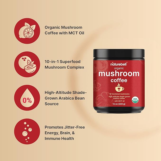 NatureBell Organic Mushroom Coffee with MCT Oil, 12oz (85 Servings) | 10-in-1 Adaptogenic Blend with Lion’s Mane, Reishi, Shiitake, Chaga & More | Instant Mix