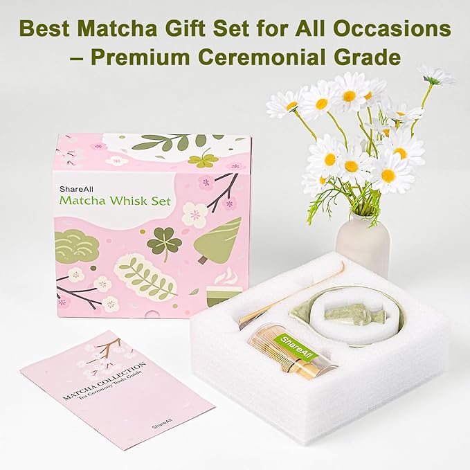 Matcha Set, 5 Pcs Matcha Whisk Set Includes Ceramic Matcha Bowl with Spout, Bamboo Matcha Whisk Chasen, Holder,Scoop,Sifter, Matcha Kit for Making Breakfast & Latte, Gift for beginners(Green)
