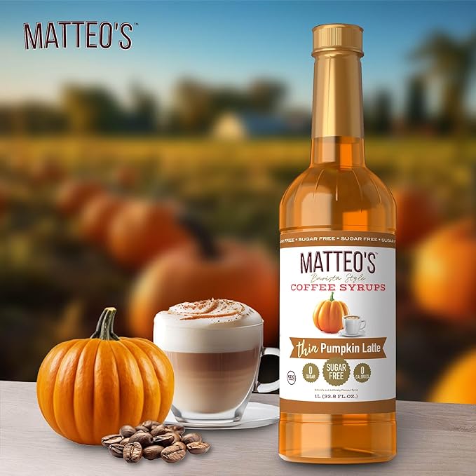 Matteo's Pumpkin Latte Syrup for Coffee, Lattes, Cappuccinos & Desserts – Sugar-Free Sweetener for Beverages, Keto Friendly, Zero Calories, Indulgent Flavor, Non-Alcoholic, 33.8oz (1pk)