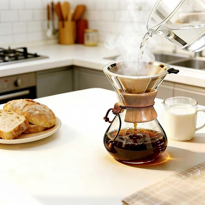 Subjectthree Pour Over Coffee Maker Set 8 Cup Glass Coffee Carafe Dripper with Stainless Filter for Camping Home Office Cafes Easy Clean (8 Cup/28 oz)