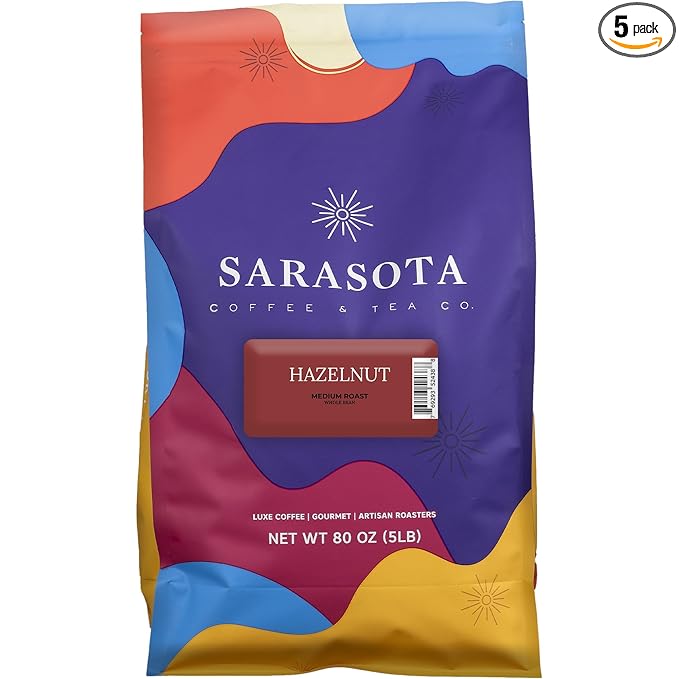 Sarasota Coffee Whole Bean Hazelnut | Medium Roast Gourmet Flavored Coffee Beans | Low Acid, Mold Free, Specialty Grade Bulk Beans | 5lb (80 oz)