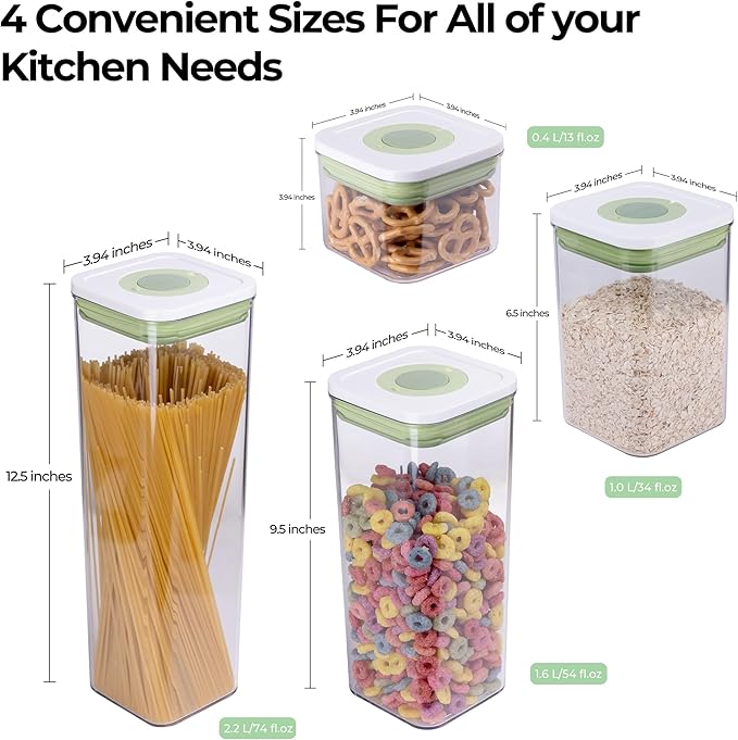 linoroso Set of 4 Pop Airtight Food Storage Containers with Date Recording Lids, Stackable Plastic Kitchen Storage Containers, Dry Cereal Container Set for Pantry Countertop Fridge Organization