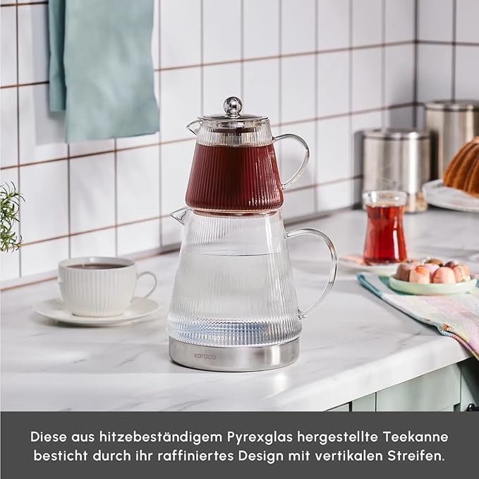 Karaca Keops Turkish Teapot with Infuser and Lid (450 ml Tea Pot & 1500 ml Induction Kettle) - Borosilicate Glass Teapot Set for Stovetops - Clear Tea Maker with 10-15 Cups Capacity