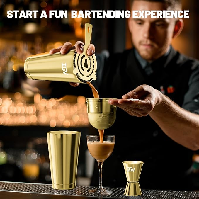 IOV Boston Cocktail Shaker Bar Set, Bartender Kit Drink Mixer Set with 18 oz & 28 oz Boston Shakers, Hawthorne Strainer, Double Jigger, Bar Tool Kit and Recipe Booklet - Gold