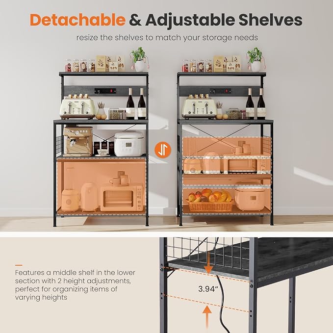 Sweetcrispy Kitchen Bakers Rack with Power Outlet, Coffee Bar Table 4 Tiers, Microwave Oven Stand Station, Adjustable Storage Shelf for Spices, Freestanding Appliance Organizer - 31.5 Inch, Gray