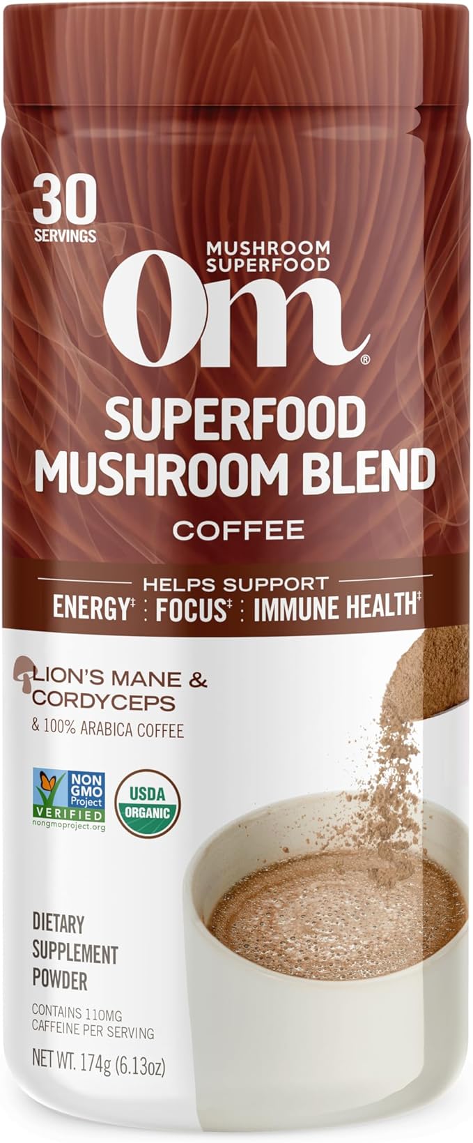 OM MUSHROOM SUPERFOOD Instant Coffee – Organic Arabica with Lion’s Mane, Cordyceps, Reishi, Turkey Tail & Ginkgo for Energy, Focus & Clarity – 6.24 oz Canister, 30 Servings