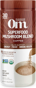 OM MUSHROOM SUPERFOOD Instant Coffee – Organic Arabica with Lion’s Mane, Cordyceps, Reishi, Turkey Tail & Ginkgo for Energy, Focus & Clarity – 6.24 oz Canister, 30 Servings
