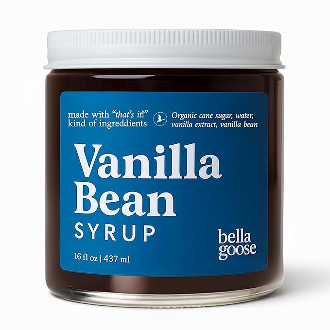 Bella Goose Vanilla Bean Coffee Syrup Jar (16oz) - Homemade Pure Cane Sugar Syrup for Lattes, Mocha, Desserts, & Ice Cream - Clean Ingredient - No Artificial Flavors, Oils, Dyes, or Preservatives Syrups for Coffee Drinks