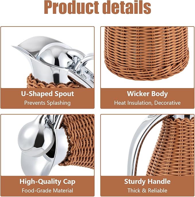 Stainless Steel Coffee Thermal Carafe, 50 Oz/1.5 L Woven Rattan Insulated Coffee Carafe Double Walled Vacuum Insualted 20 Hour Heat Cold Retention (Brown)
