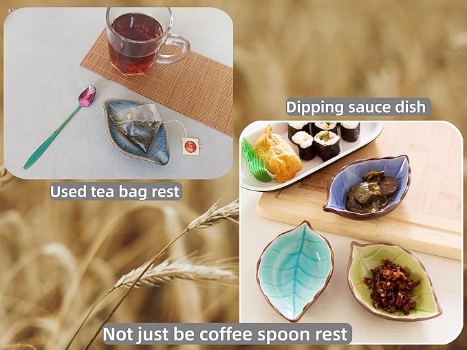 Coffee Spoon and Rest for Coffee Bar Accessories, Leaf Small Spoon Rest for Coffee Station, Tea Spoon Rest Tea Spoon Holder Teaspoon Rest, 1 PC (Retro Volcanic Ash with Rainbow Rose Spoon)