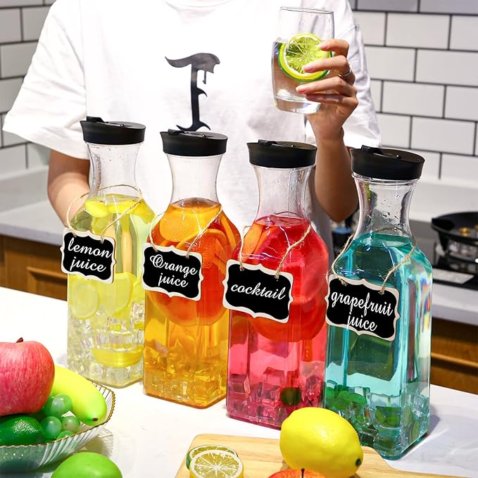 Lallisa 8 Pcs 54 oz Plastic Carafe Water Carafe with Lid Clear Plastic Pitcher with Lid Square Base Drink Containers for Fridge Mimosa Bar Supplies Water, Milk, Juice with Labels Hanging Tags