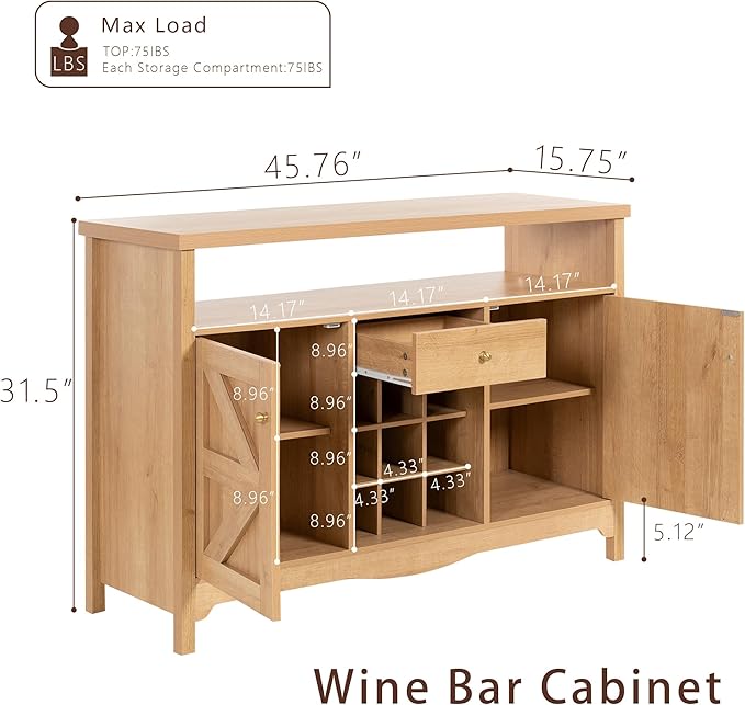 45.7” Wine Cabinet，Farmhouse Home Coffee Bar Sideboard Buffet Cabinet Liquor Storage with 9 Wine Racks & 2 Doors for Kitchen, Living and Dining Room (1, Natural)