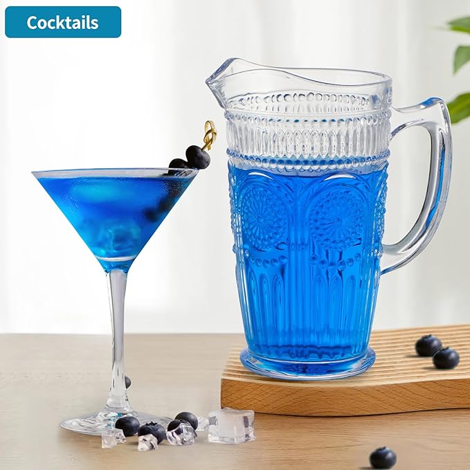 MDLUU Vintage Glass Pitcher, Glass Carafe, Bar Mixing Pitcher Glassware, Water Carafe Jug for Beverage, Cocktail, Juice, Milk, Ice Tea, 50 Oz