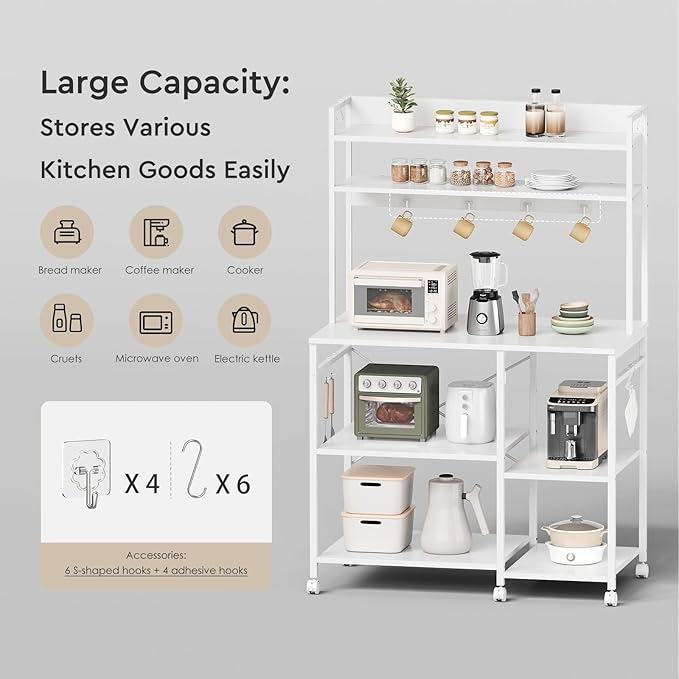 Kitchen Bakers Rack with Storage，Microwave Stand with Wheels，with Adjustable Shelves，Kitchen Shelves，Coffee Bar with 10 S-Shaped Hooks，35.4 * 15.8 * 61 Inches，White