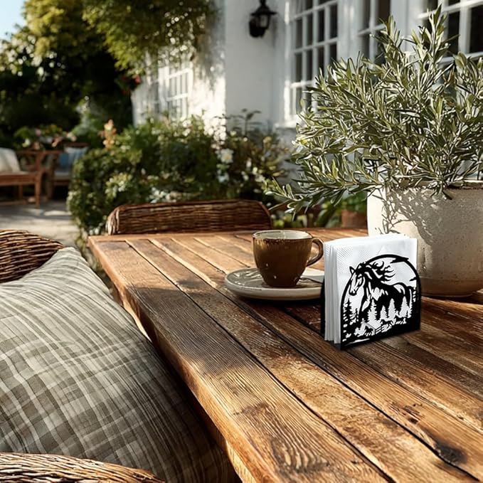 Herd of Horses Decorative Black Metal Napkin Holder for Table, 5.3" x 4.9" x 1.9" Aniaml Tree Forest Standing Napkin Holder for Home Kitchen Restaurant Picnic Party Coffee Bar Dining Room