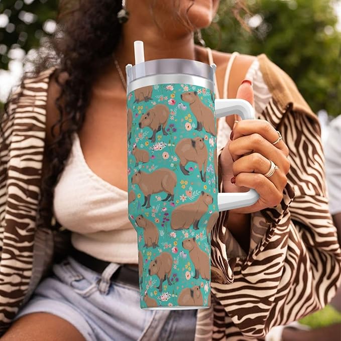 Capybara Gifts Capybara Tumbler Cute Cup Water Bottle for Girls, Teens, Women, Men Stainless Steel Vacuum Insulated 40oz Tumbler with Lid and Straw for Water, Iced Tea or Coffee, Blue