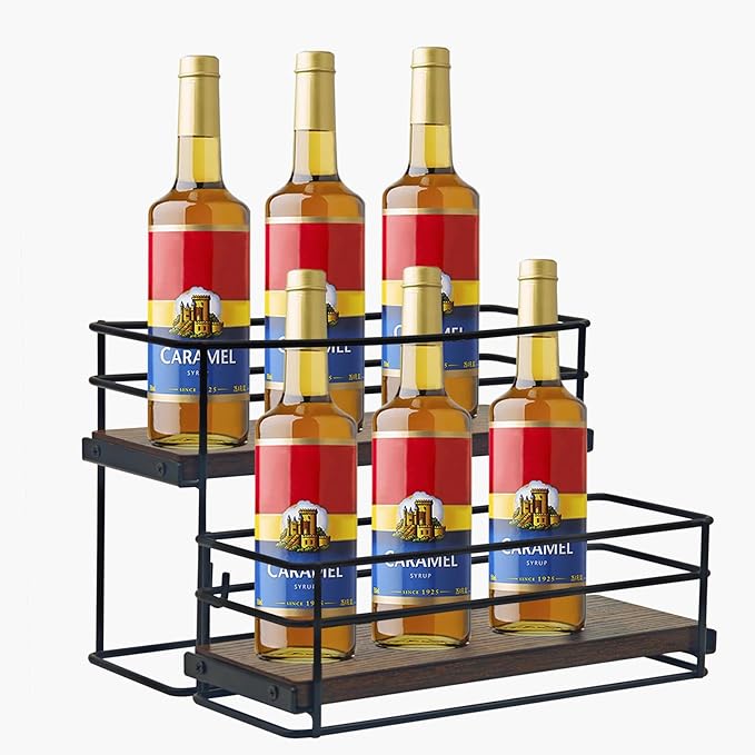 6 Bottle Coffee Syrup Rack Organizer 2 Tier Syrup Holder Stand for Coffee Bar Syrup Storage Shelves for Bar Family Storage Small Wine Rack for Syrup Wine Dressing