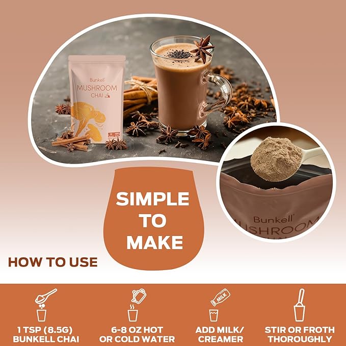 Bunkell Mushroom Chai, Adaptogenic 6 Mushrooms with Lion's Mane, Reishi, Cordyceps, Shiitake, King Trumpet & Turkey Tail, Chai Powder for Energy, Focus, Digestion & Immune Support, 20 Servings 1 Pack