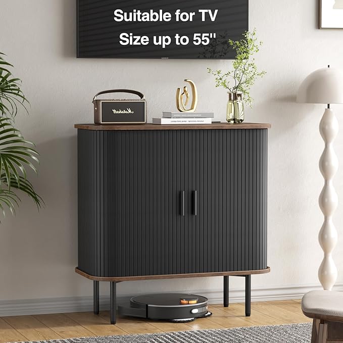 31''W Black Buffet Sideboard Cabinet with Storage, Fluted Accent Storage Cabinet Black with Curvy Edge; Sliding Door Coffee Bar, Credenza Console Table for Living, Kitchen, Hallway