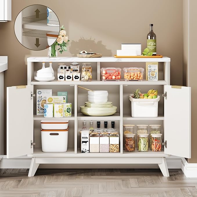 Fluted Storage Cabinet, 39" Sideboard Buffet with Storage, Mid Century Modern Accent Cabinet with Doors and Shelves, Multifunctional Console Table Coffee Bar for Living Room and Kitchen, White