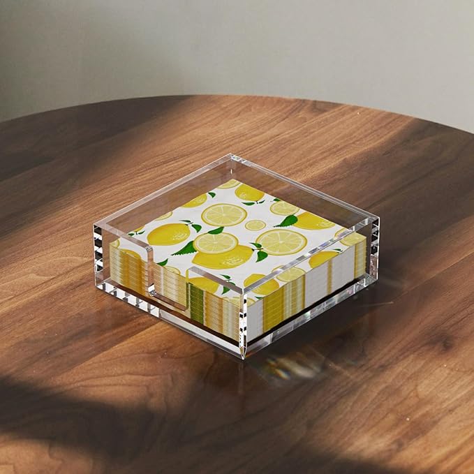 HIIMIEI Acrylic Napkin Holder for Table: Square Luncheon Napkin Tray, Flat Decorative Guest Towel Holder for Bathroom, Kitchen, Bar, Dinner, Party, 7.6 x 7.6 inches（Clear)