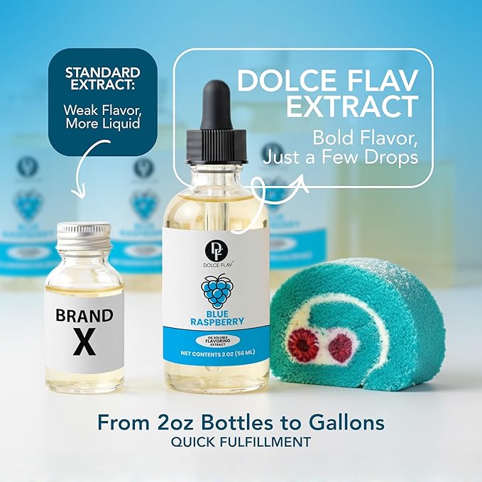 Dolce Flav Blue Raspberry Extract – 2 Ounce Oil-Soluble Kosher, Sugar-Free, Concentrated Blue Raspberry Flavoring for Baking, Chocolates & Desserts, Includes Measured Dropper