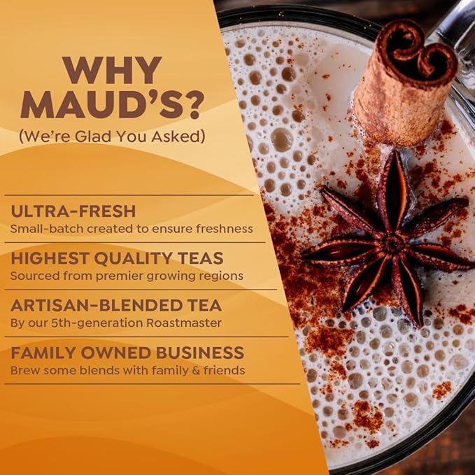 Maud's Chai Tea Latte Pods, 18 ct, Recyclable Single Serve Tea Pods - 100% Gourmet Blended Tea Leaves, Compatible with Keurig K Cups Maker