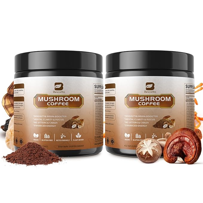 B BEWORTHS 2Pack Mushroom Coffee Powder with MCT Oil - 10 Mushroom Lion's Mane, Turkey Tail, Reishi, Cordyceps & Chaga - Instant Arabica Mushroom Coffee for Focus, Immune, Gut & Brain Health | Keto