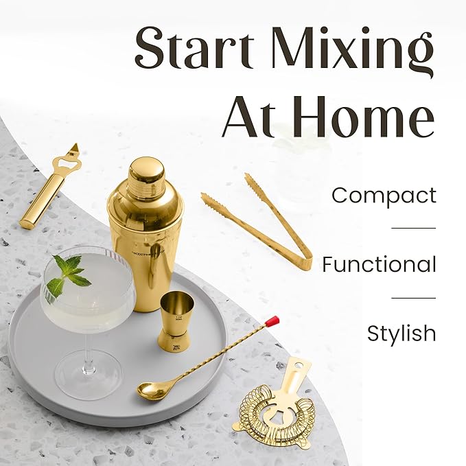 Modern Mixology Cocktail Shaker Set - 8 Piece Bartender Kit with Martini Shaker and Popular Bar Accessories on Quality Pine Stand - Leak Proof Design (Gold)