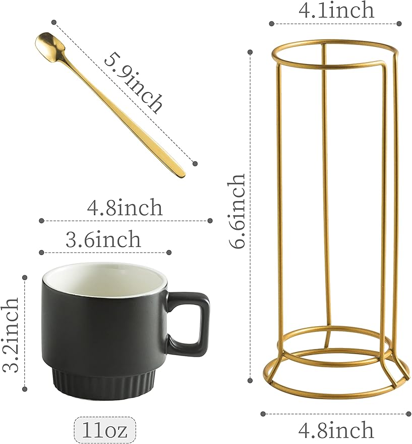 Stackable Coffee Mugs with Stand, 11oz Ceramic Latte Cup Set of 4 for Espresso Cappuccino Tea Hot Cocoa, Dishwasher & Microwave Safe, Black