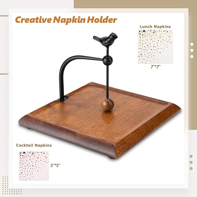 Wooden Napkin Holder for Table, Napkin Holders for Paper Napkins, Wooden Flat Napkin Holder with Bird-shaped Handle, Rustic Kitchen Decor for Counter, Ideal Napkin Dispenser for Dining Countertops