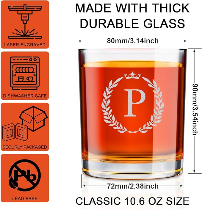 Personalized Whiskey Glasses Gifts for Men, Monogrammed Engraved A-Z 10.6 oz Rocks Glass Customized Gift, Unique Christmas Birthday Gifts for Men Him Dad Husband Brother Son (P)