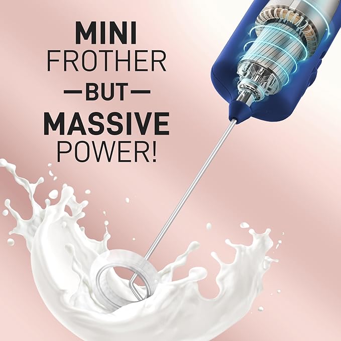 Mini & Mighty Milk Frother Wand – Powerful Handheld Coffee Frother, Battery Operated Drink Mixer – Compact Pocket Size – Detachable Whisk for Latte, Cappuccino, Matcha, Hot Chocolate – Navy Blue