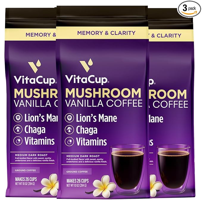 VitaCup Focus Mushroom Coffee Grounds, Vanilla Flavored Coffee with Lions Mane, Chaga, B Vitamins, D3, Boost Focus, Immunity, Memory & Clarity, Medium Dark Roast, 100% Arabica Specialty, 3 bags, 10 oz each
